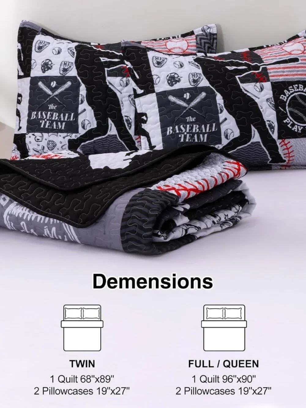 Kids Quilt Set Twin Size Sports Geometric Grid Black Patchwork Baseball Printed